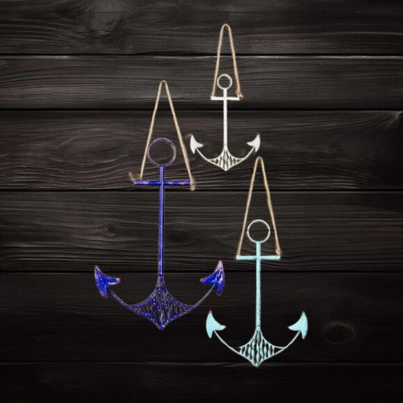 3 Rustic Distress Blue White Metal ANCHORS Nautical Yard Pool Art Home Decor - Picture 1 of 8